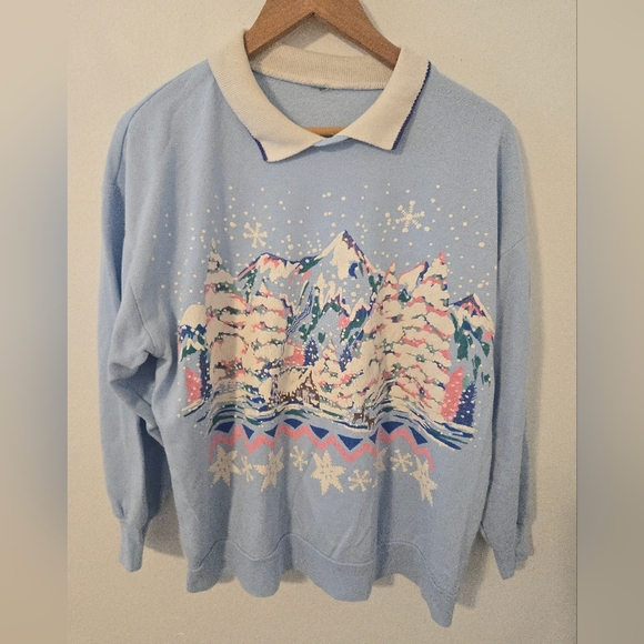 None Tops - Vintage Grandma Sweatshirt USA Collared SweaterWomens Large Winter Nature Snow